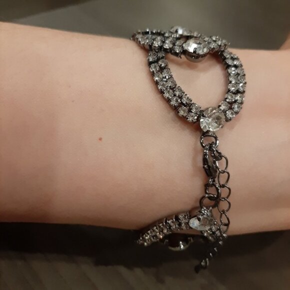 Braided Faux Diamond Bracelet Rhinestone Formal Wedding Woven Chunky Gunmetal - Picture 12 of 12